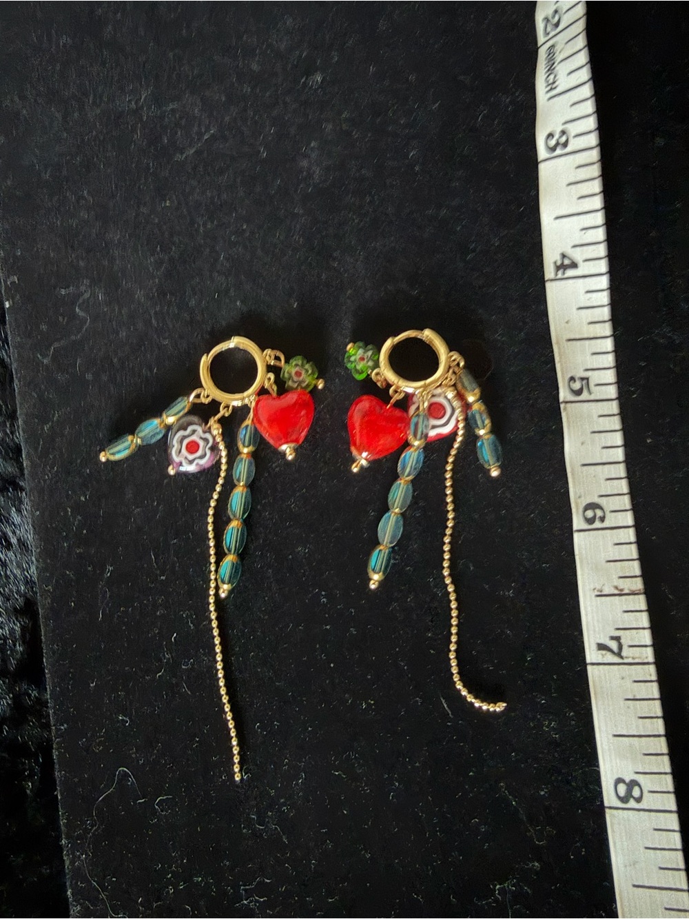 Gold-Tone charm Huggie Earrings with Red Heart and Teal Beads